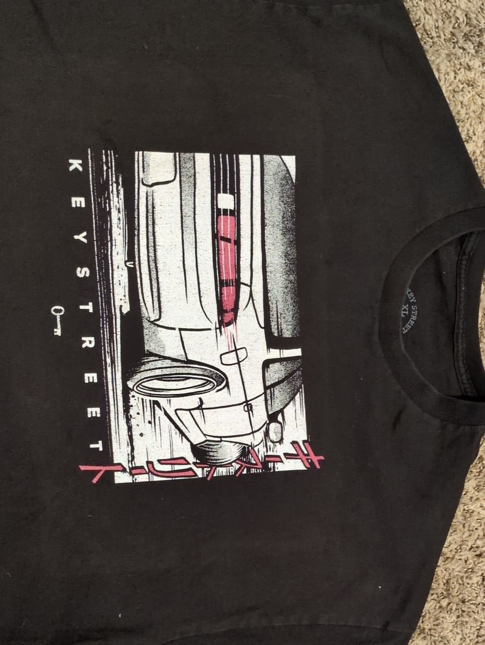 Black Graphic Tee with Pink & White Car Print